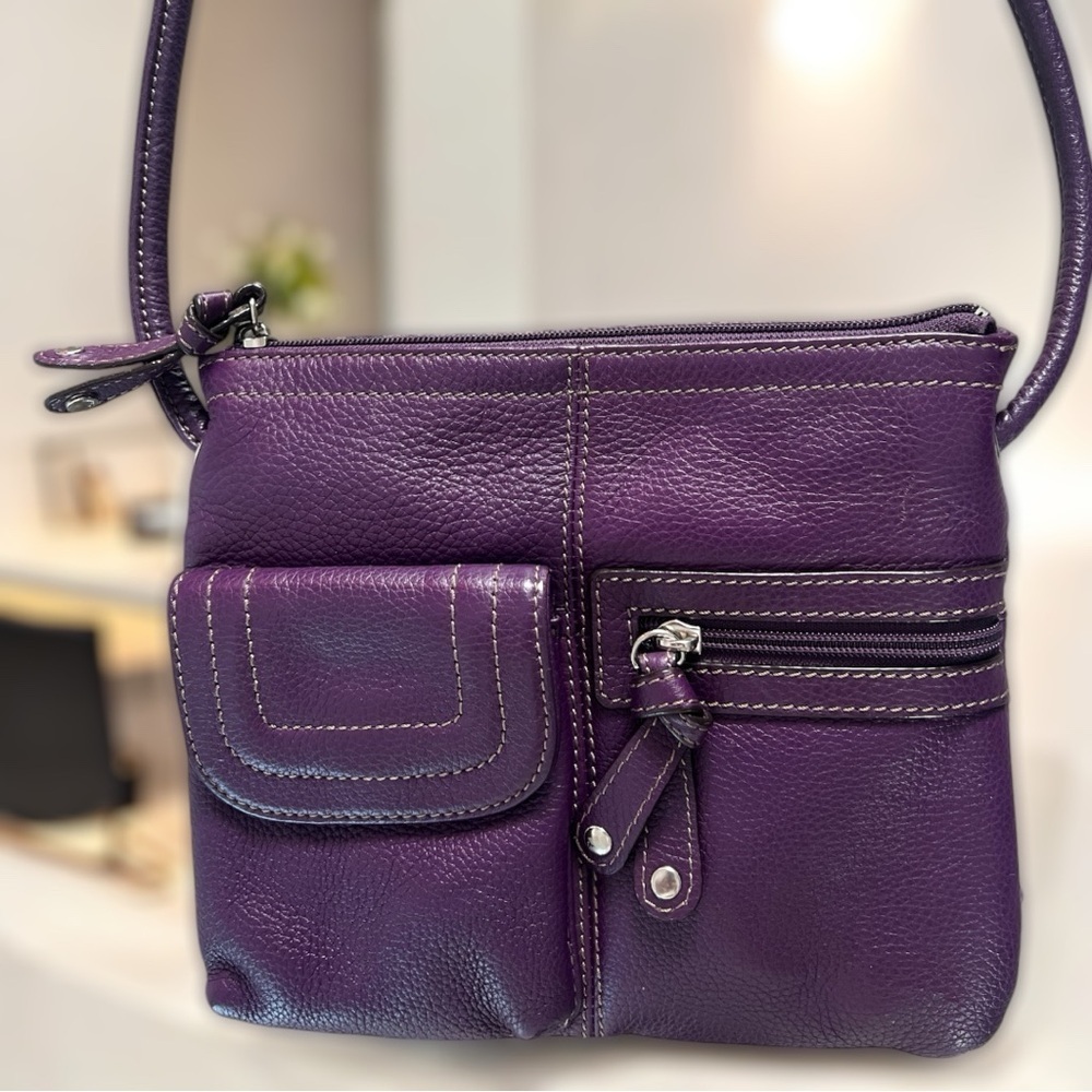 Tignanello Purple Pebbled Leather Multi-Compartment Shoulder Bag Silver Accent